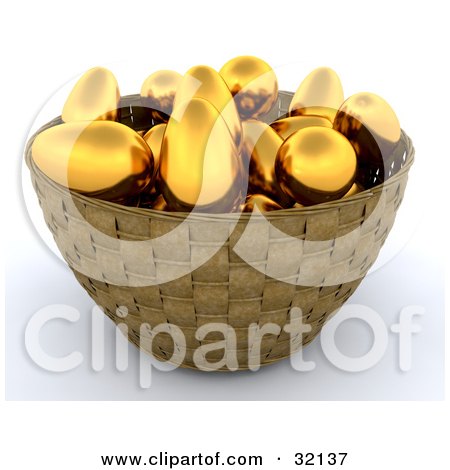 Clipart Illustration of a 3d Weaved Basket Of Golden Eggs, On A White Background by KJ Pargeter