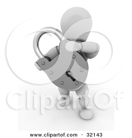 Clipart Illustration of a 3d White Character Holding A Secured Silver Padlock by KJ Pargeter