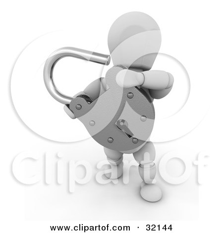 Clipart Illustration of a 3d White Character Holding An Open Silver Padlock by KJ Pargeter