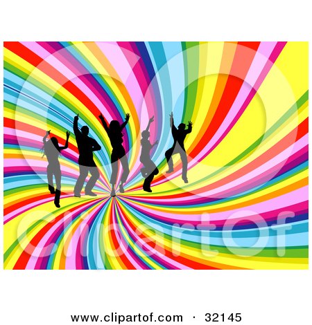 Clipart Illustration of a Group Of Five Dancers Silhouetted Against A Spiraling Rainbow Background by KJ Pargeter