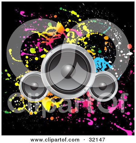 Clipart Illustration of Three Speakers Over A Black Background With Colorful Splatters by KJ Pargeter