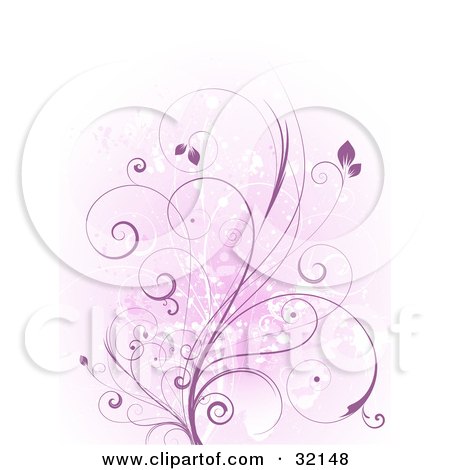 Clipart Illustration of a Curly Purple Vine Growing Over A Grungy Pink And White Background With Splatters by KJ Pargeter