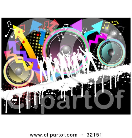 Clipart Illustration of a Crowd Dancing, Silhouetted In White, On A Grunge Bar Over A Black Background With Colorful Speakers, Dots, Music Notes And Arrows by KJ Pargeter