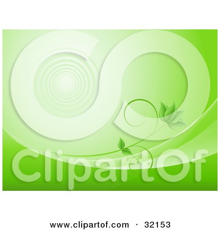 Clipart Illustration of a Green Vine With Leaves, Growing Along Waves Of Green On A Background With Faint Ripples by KJ Pargeter