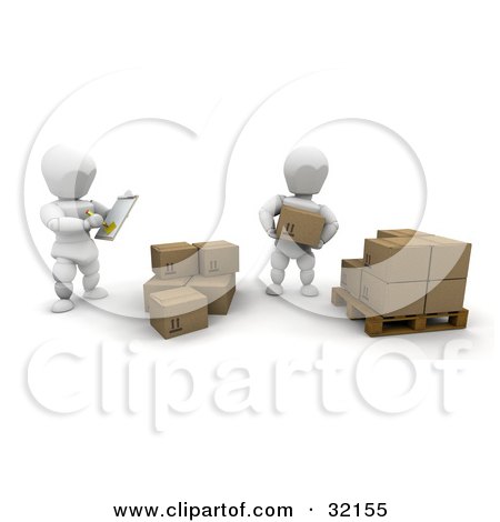 Clipart Illustration of a White Character Writing Notes While Supervising A Worker Moving Boxes by KJ Pargeter