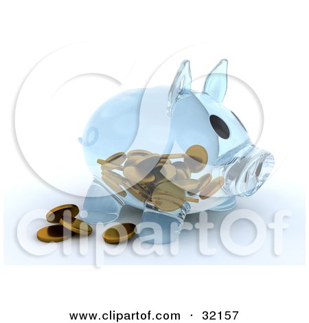 Clipart Illustration of a Transparent Glass Piggy Bank With Coins On The Inside And Some Resting Outside by KJ Pargeter