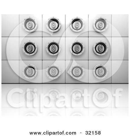 Clipart Illustration of a Wall Of Speakers, Reflecting On A Shiny White Floor by KJ Pargeter