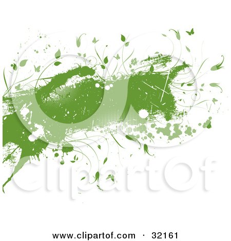 Clipart Illustration of a Green Grunge Text Box With Splatters, Dotted Texture, Butterflies And Vines, On A White Background by KJ Pargeter