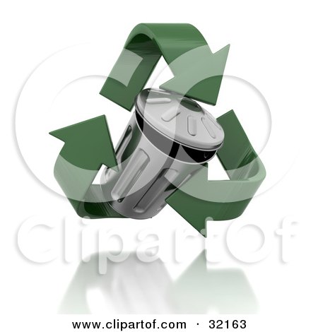 Clipart Illustration of a Floating Tin Trash Can Surrounded By Green Recycle Arrows, Hovering Over A Reflective Surface by KJ Pargeter