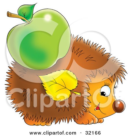 Clipart Illustration of a Cute Hedgehog With A Green Apple And Leaf Stuck On His Spikes by Alex Bannykh
