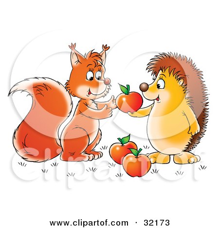 Clipart Illustration of a Hedgehog Sharing Apples With A Friendly Squirrel by Alex Bannykh