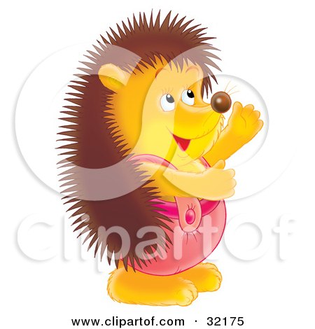 Clipart Illustration of a Cute And Friendly Hedgehog In Pink Overalls, Facing To The Right And Smiling by Alex Bannykh