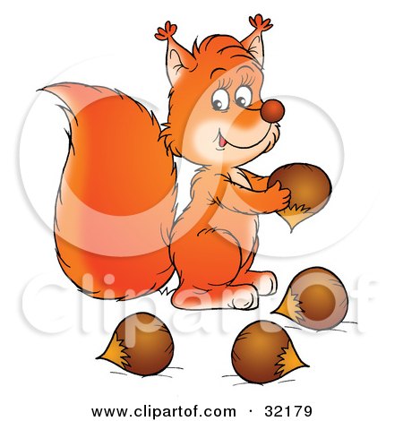 Clipart Illustration of a Cute Squirrel Gathering Acorns For Winter by Alex Bannykh