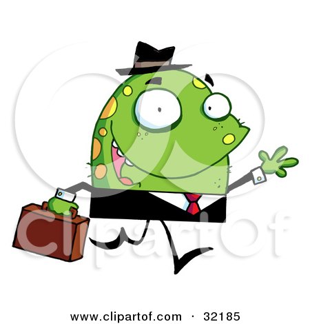 Clipart Illustration of a Jolly Monster In A Suit, Waving While Walking Past And Carrying A Briefcase by Hit Toon
