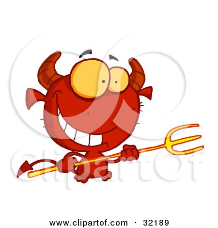 Clipart Illustration of a Grinning Yellow Eyed Red Devil With Horns, Holding A Pitchfork by Hit Toon