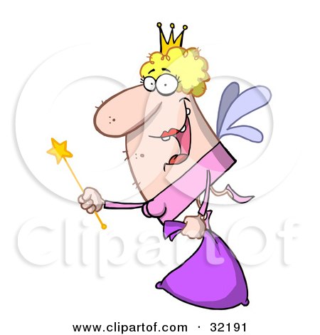 Clipart Illustration of a Grinning Blond Fairy Godmother Or Tooth Fairy, Flying With A Wand And Bag by Hit Toon