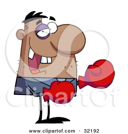 Clipart Illustration of a Grinning Boxer With Missing Teeth And A Black Eye, Wearing Red Boxing Gloves by Hit Toon