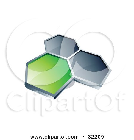 Clipart Illustration of a Group Of Three Hexagons Connected Like A Honeycomb, One Green, Two Dark Blue, On A White Background by beboy