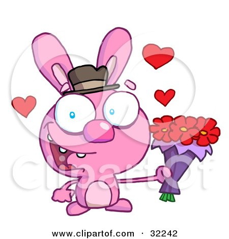 Clipart Illustration of a Romantic Pink Bunny Smiling And Holding Out Flowers For His Date, On A White Background by Hit Toon