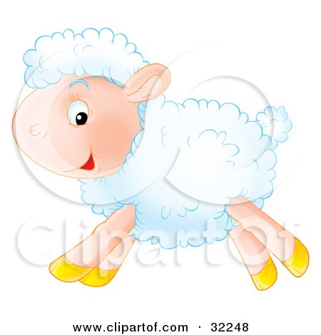 Clipart Illustration of a Happy White Lamb With Fluffy Wool, Running By In Profile by Alex Bannykh