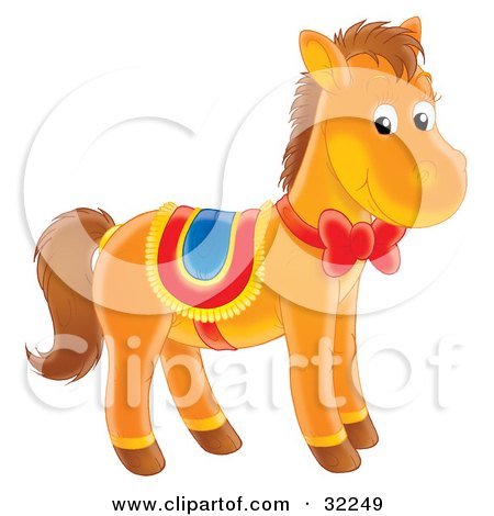 Clipart Illustration of a Cute Brown Pony With A Red Ribbon And Bow On Its Neck, Wearing A Saddle by Alex Bannykh