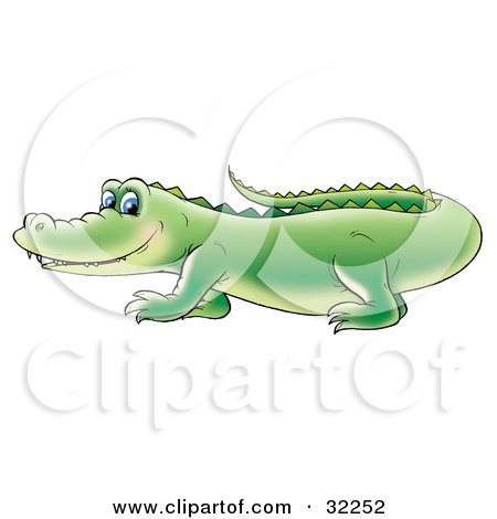 Clipart Illustration of a Cute Blue Eyed Green Alligator Walking Past And Glancing At The Viewer by Alex Bannykh