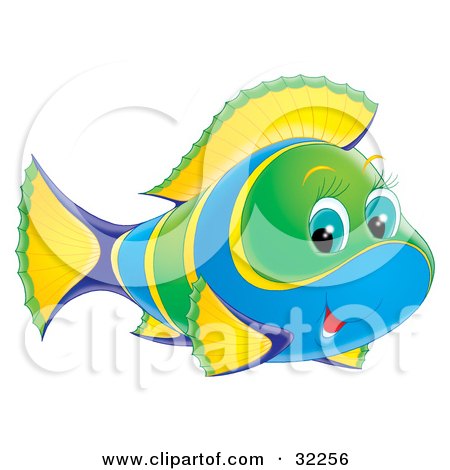 Clipart Illustration of a Cute Green, Yellow And Blue Fish With Blue Eyes by Alex Bannykh