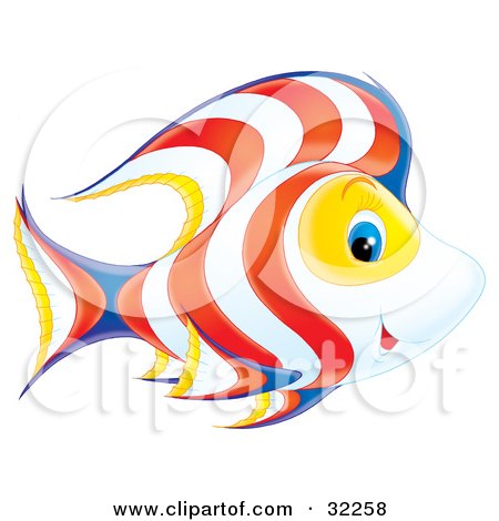 Clipart Illustration of a Cute White, Yellow, Blue And Orange Fish With Wavy Patterns And Blue Eyes by Alex Bannykh