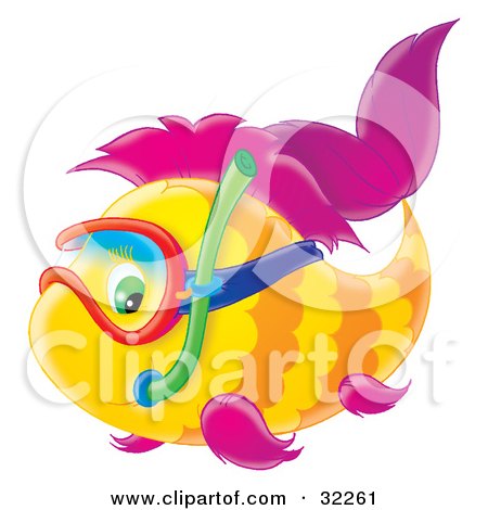 Clipart Illustration of a Snorkeling Green Eyed, Yellow And Purple Fish by Alex Bannykh