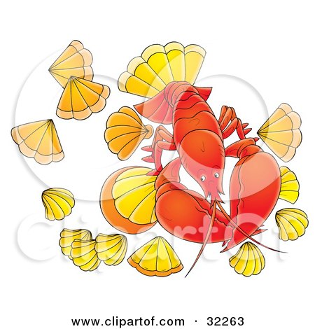 Clipart Illustration of a Red Lobster Surrounded By Shells by Alex Bannykh