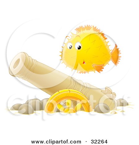 Clipart Illustration of a Curious Yellow And Orange Puffer Fish Swimming Over A Sunken Cannon by Alex Bannykh