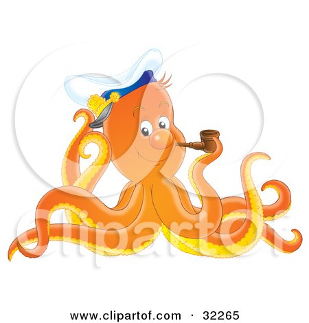 Clipart Illustration of a Friendly Orange Octopus Smoking A Tobacco Pipe And Tipping His Captain Hat by Alex Bannykh