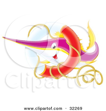 Clipart Illustration of a Purple, Yellow And White Swordfish Or Marlin Swimming Through A Flotation Rin by Alex Bannykh