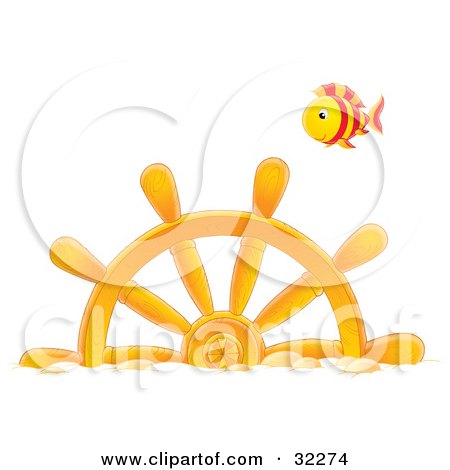 Clipart Illustration of a Red And Yellow Striped Fish Swimming Above A Sunken Ship's Helm by Alex Bannykh