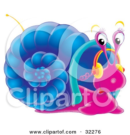 Clipart Illustration of a Cute Purple Snail With A Blue Shell, Listening To Music On Headphones, With An Antenna On His Shell by Alex Bannykh
