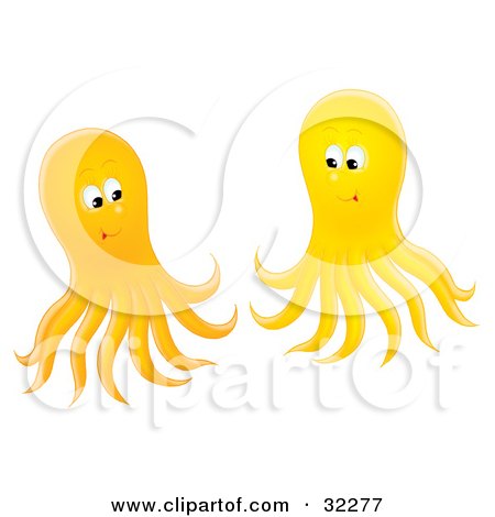Clipart Illustration of a Pair Of Happy Orange And Yellow Octopi Socializing by Alex Bannykh