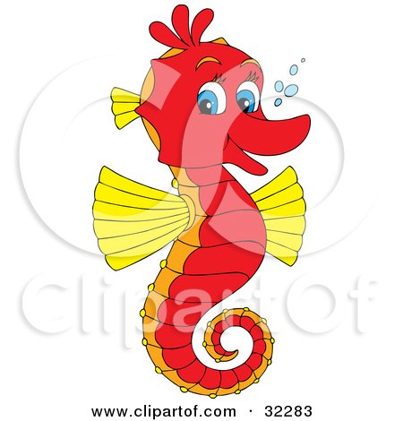 Clipart Illustration of a Cute Red And Yellow Seahorse With Blue Eyes, Facing Right And Smiling At The Viewer, With Bubbles by Alex Bannykh