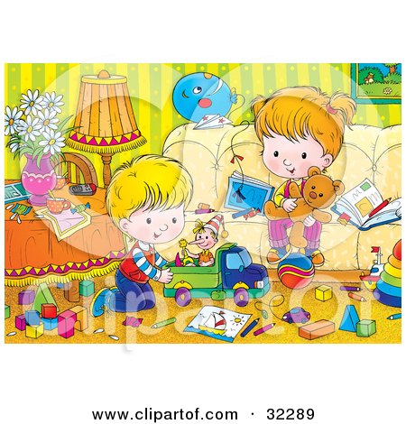 Clipart Illustration of a Brother And Sister Playing With Toys In A Messy Living Room by Alex Bannykh