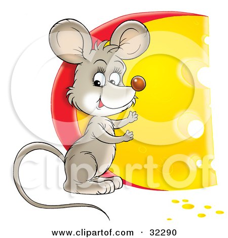 Clipart Illustration of a Cute Mouse Standing By A Big Circular Wedge Of Cheese by Alex Bannykh
