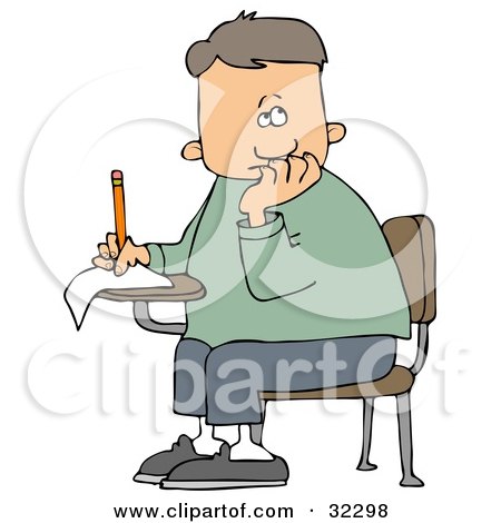 Clipart Illustration of a Nervous School Boy Seated At His Desk, Trying To Think Of The Right Answers For His Test by djart