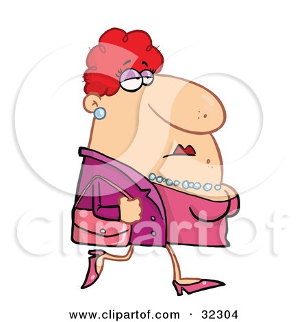 Clipart Illustration of a Chubby Caucasian Red Haired Woman Wearing A Pearl Necklace And Earrings, Carrying A Pink Purse And Dressed In Pink Clothes by Hit Toon