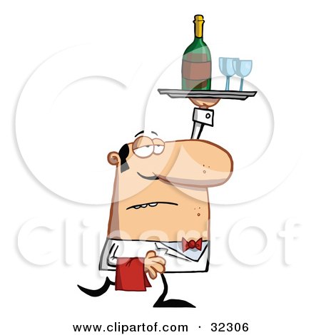 Clipart Illustration of a Grumpy Male Waiter In A White Uniform And Red Bow Tie, Carrying Wine And Glasses On A Tray While Serving In A Restaurant by Hit Toon
