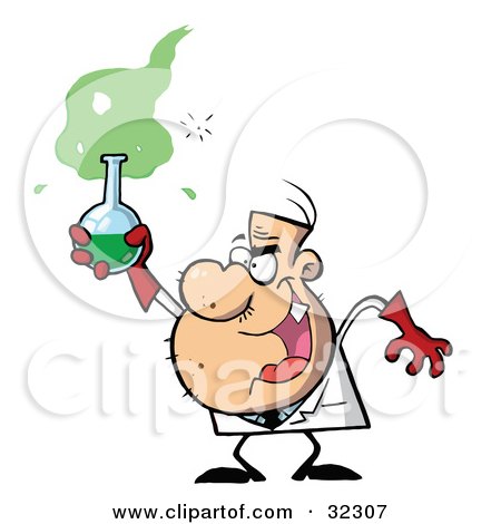 Clipart Illustration of a Stubbly Male Caucasian Mad Scientist Holding Up A Green Potion In A Flask by Hit Toon