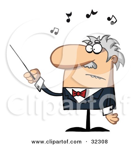 Clipart Illustration of a Male Senior Caucasian Orchestra Conductor Waving His Baton Around Black Music Notes by Hit Toon