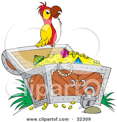 Clipart Illustration of a Red, White And Yellow Parrot Perched On An Open Treasure Chest Full Of Jewels And Gold by Alex Bannykh