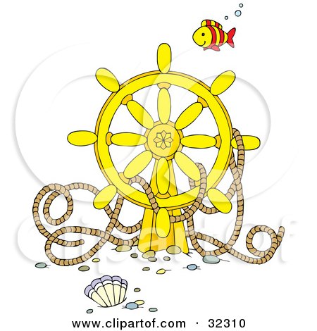 Clipart Illustration of a Fish Swimming Over A Sunken Ship's Helm With Rope by Alex Bannykh