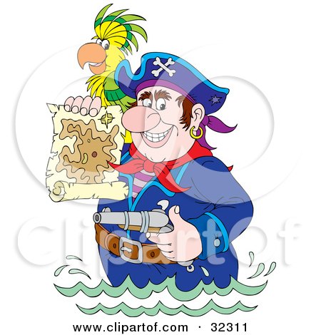 Clipart Illustration of a Tough Pirate Holding A Pistil And A Map, Wading In Water, A Parrot On His Shoulder by Alex Bannykh