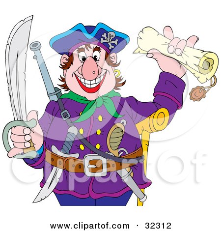 Clipart Illustration of a Greedy Pirate Holding A Sword And A Treasure Map by Alex Bannykh