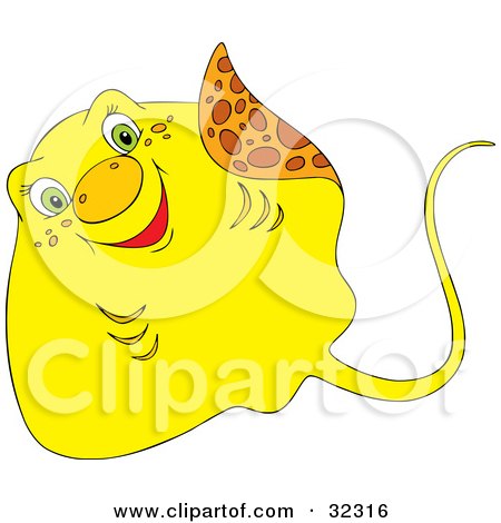 Clipart Illustration of a Cute Green Eyed Yellow Stingray Waving With His Fin by Alex Bannykh