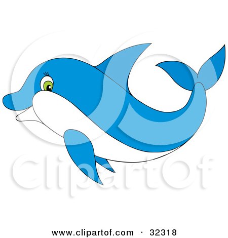 Clipart Illustration of a Green Eyed Blue Dolphin Swimming In Profile by Alex Bannykh